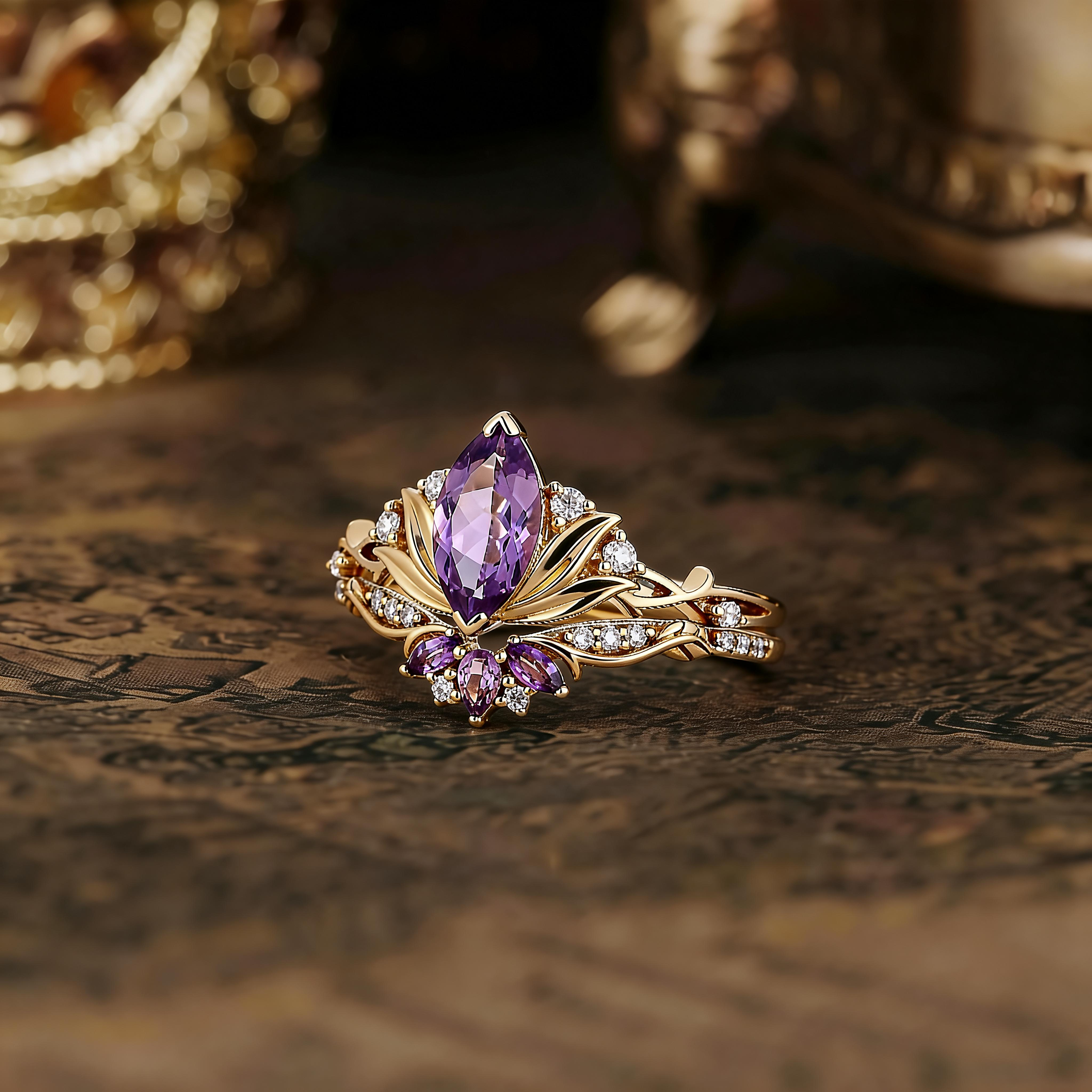 Floral Inspired | Amethyst Water Lily Engagement Ring Set
