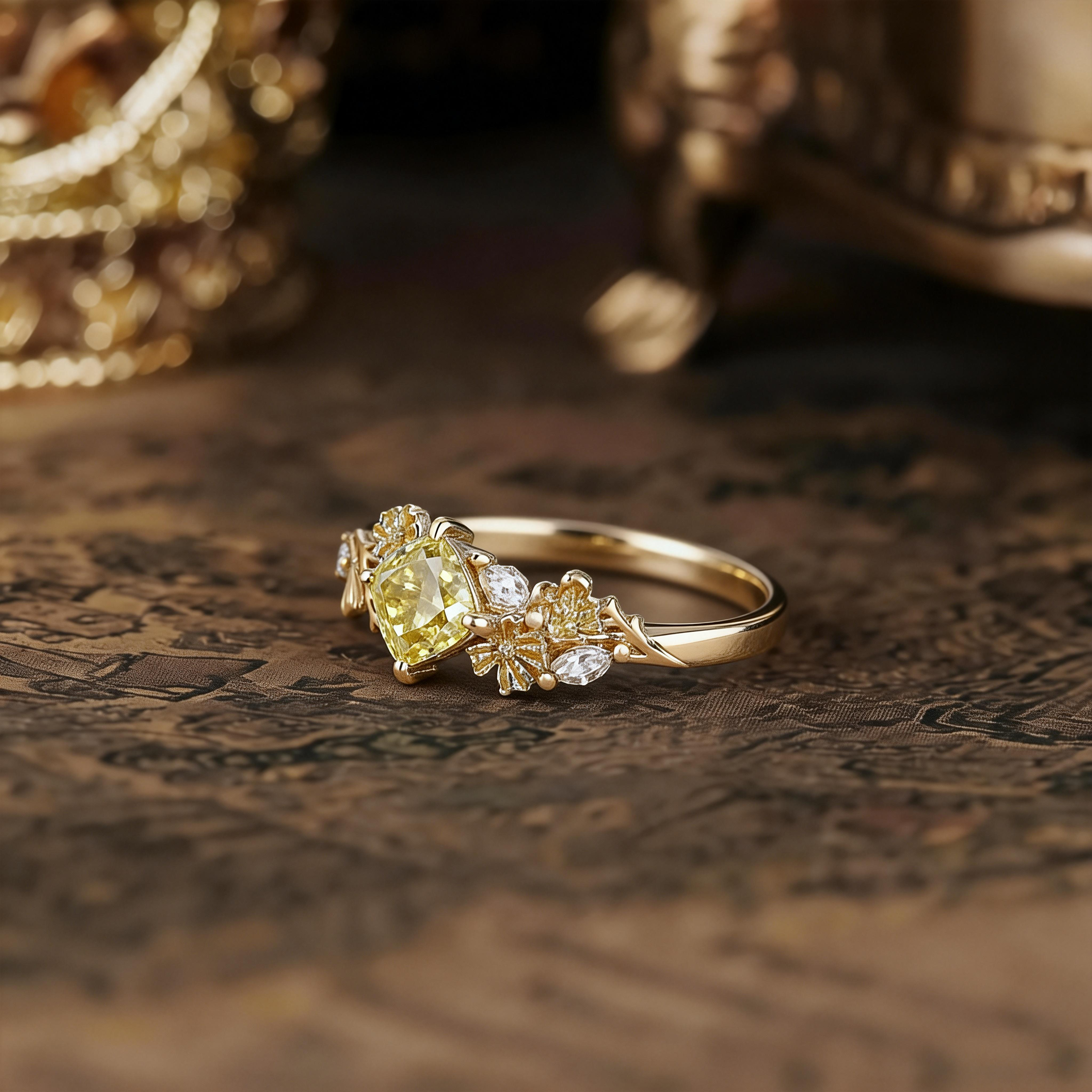 Floral Inspired | Cosmos Design Yellow Moissanite Engagement Ring