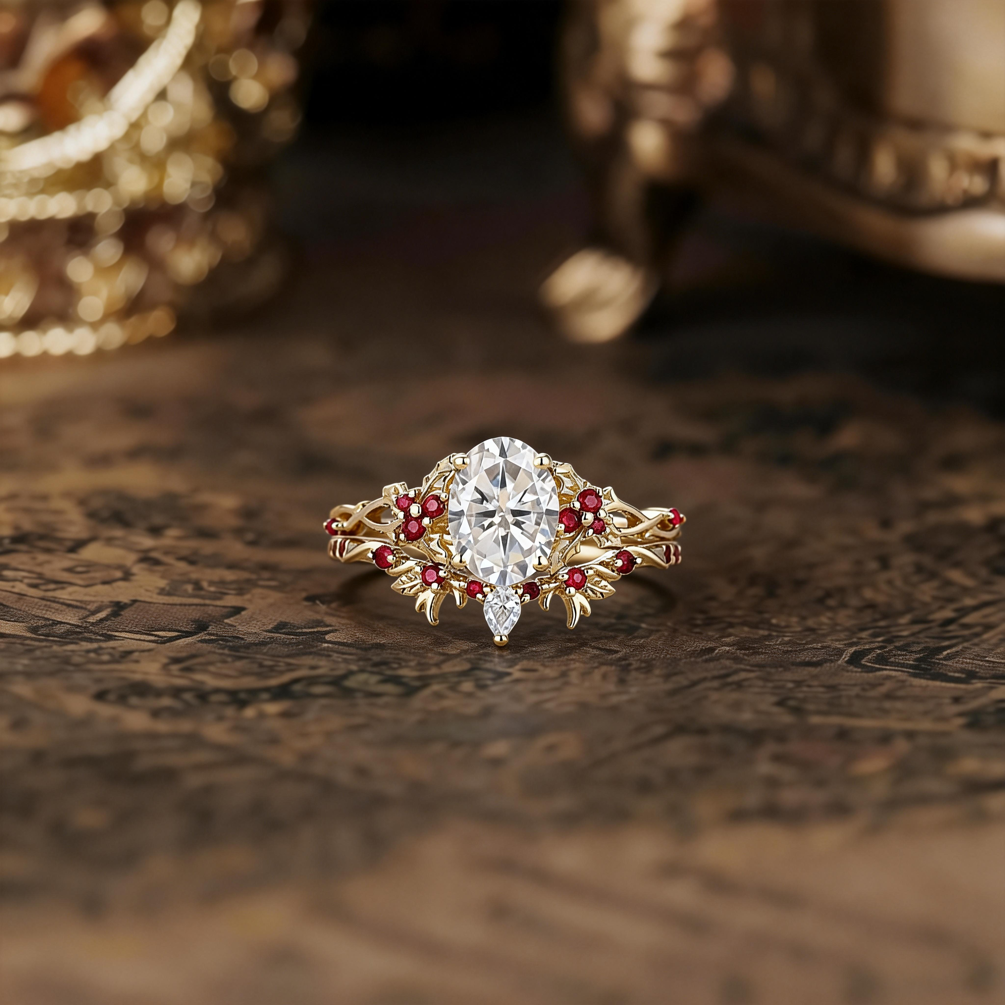 Leaf Inspired | Christmas Holly Leaf Moissanite Engagement Ring Set