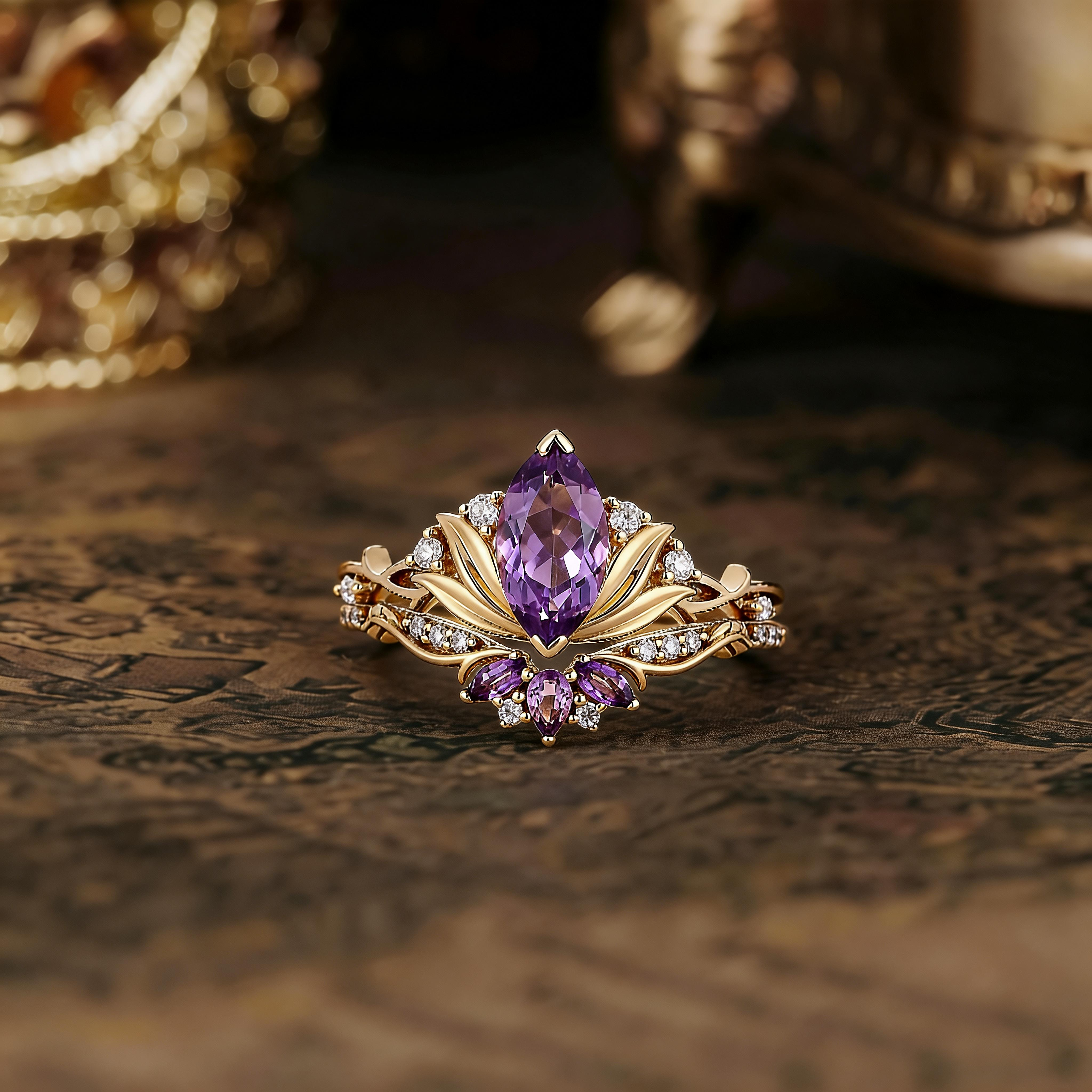Floral Inspired | Amethyst Water Lily Engagement Ring Set