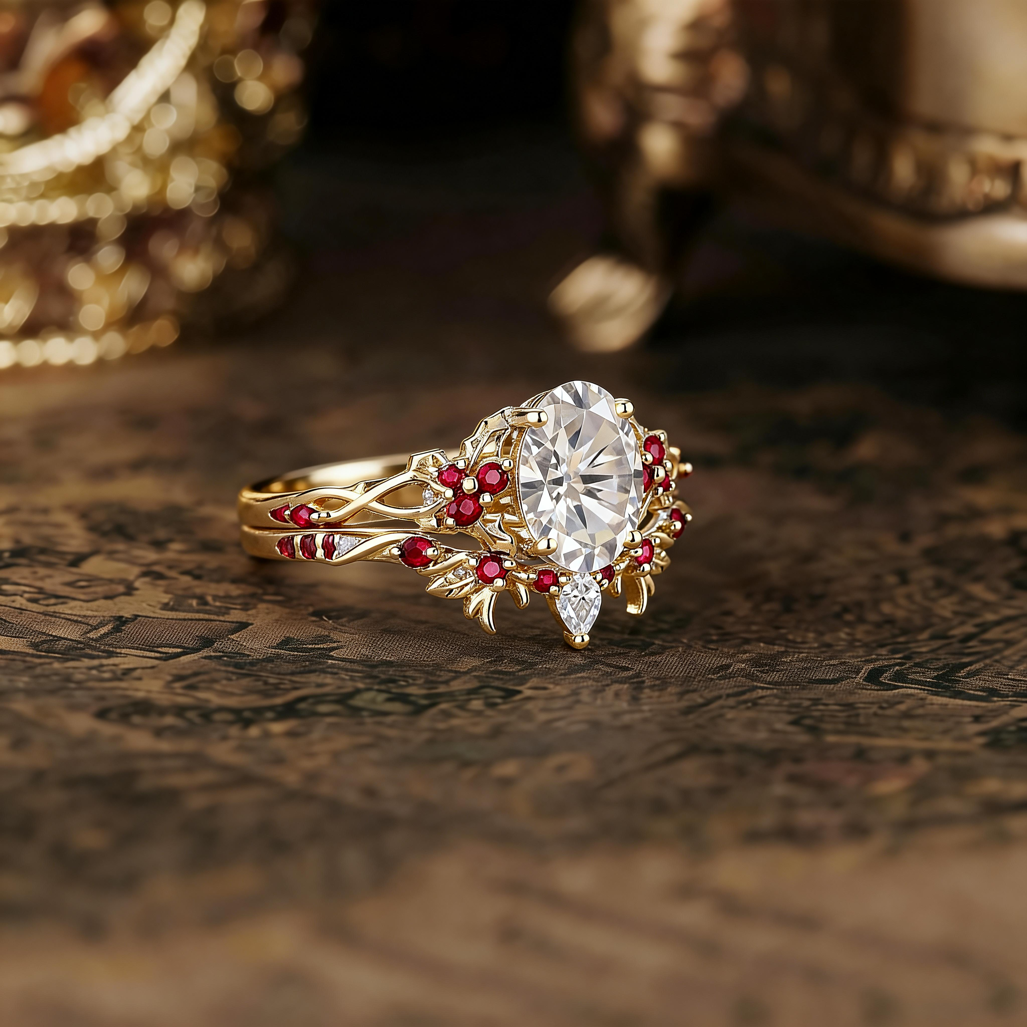 Leaf Inspired | Christmas Holly Leaf Moissanite Engagement Ring Set