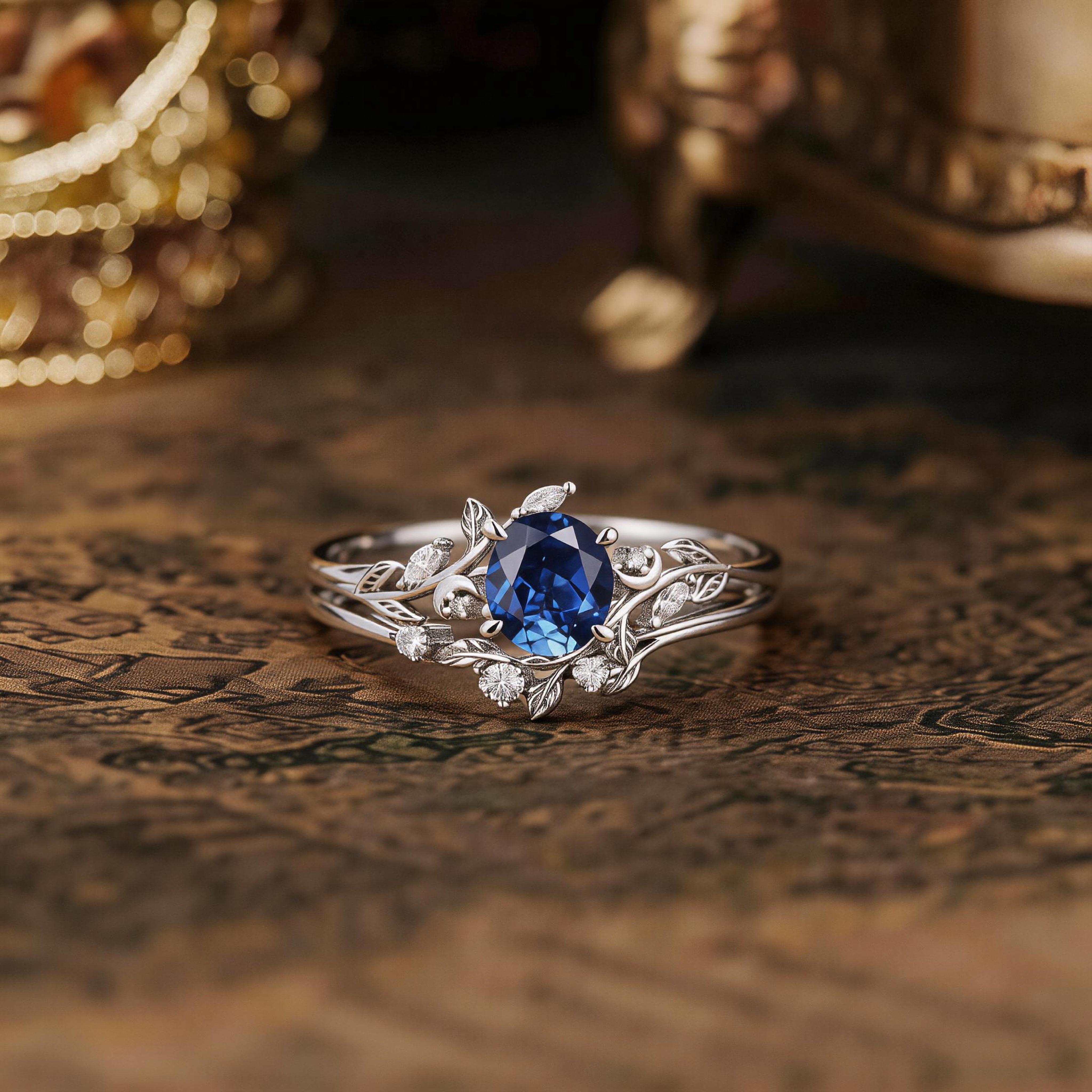 Nartyaewelry | Sapphire Leaf and Moon Engagement Ring Set