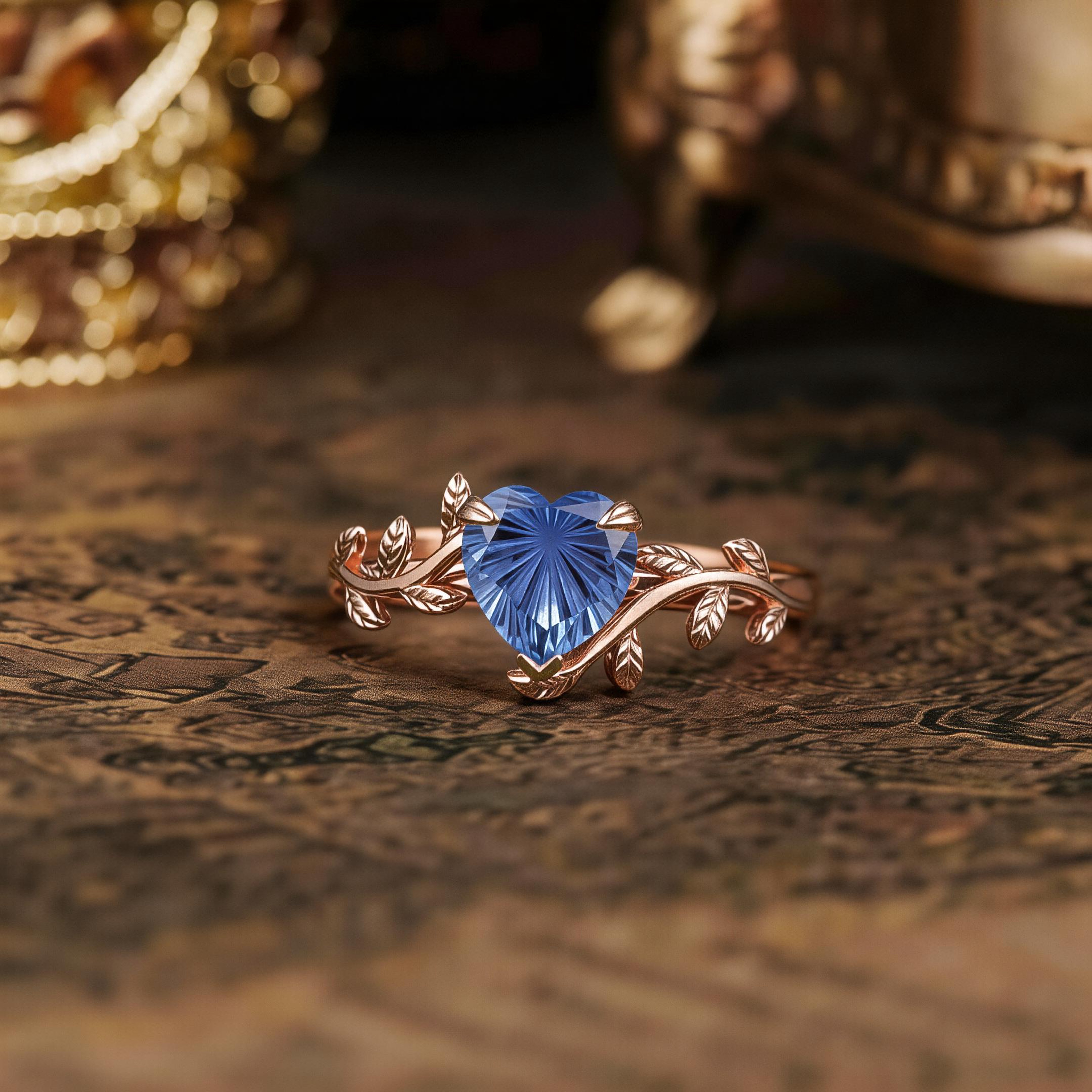 Leaf Inspired | Heart Fireworks Cut Sapphire Leaf Floral Engagement Ring
