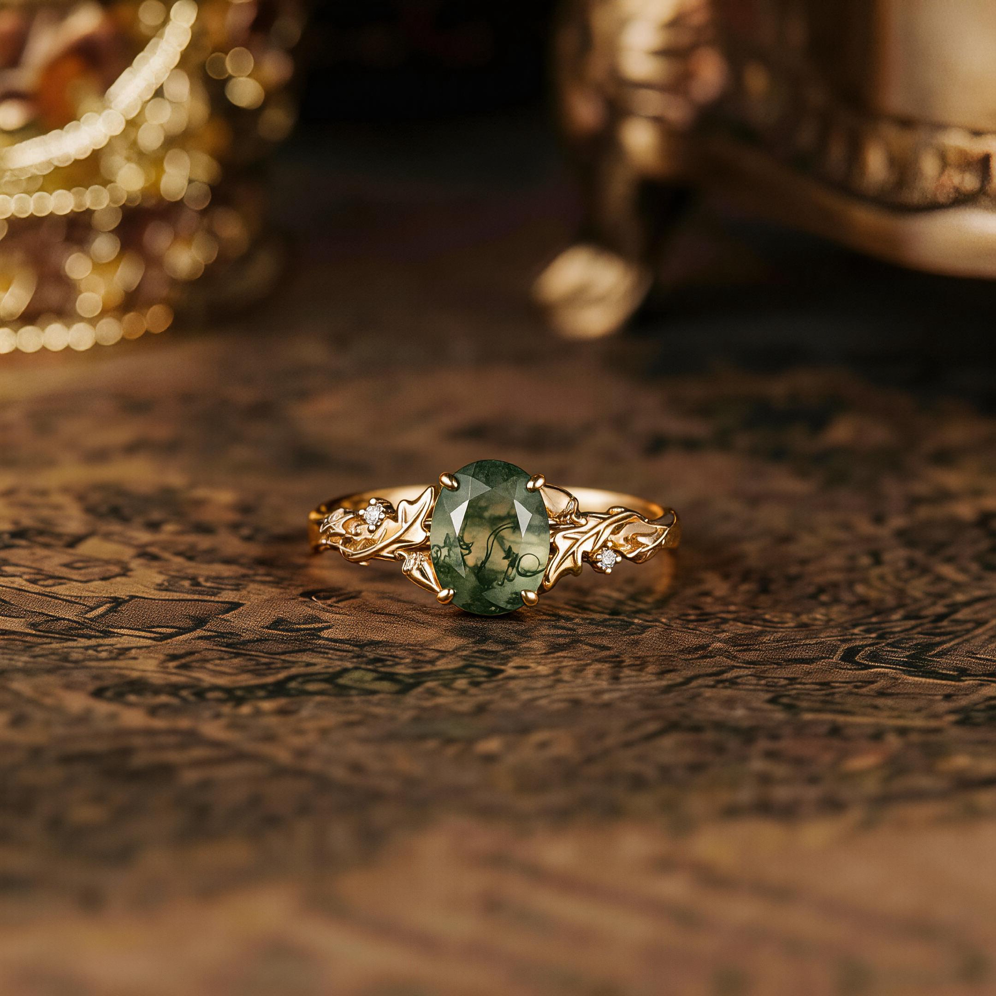Leaf Inspired | Oak Leaf and Berry Design Moss Agate Engagement Ring