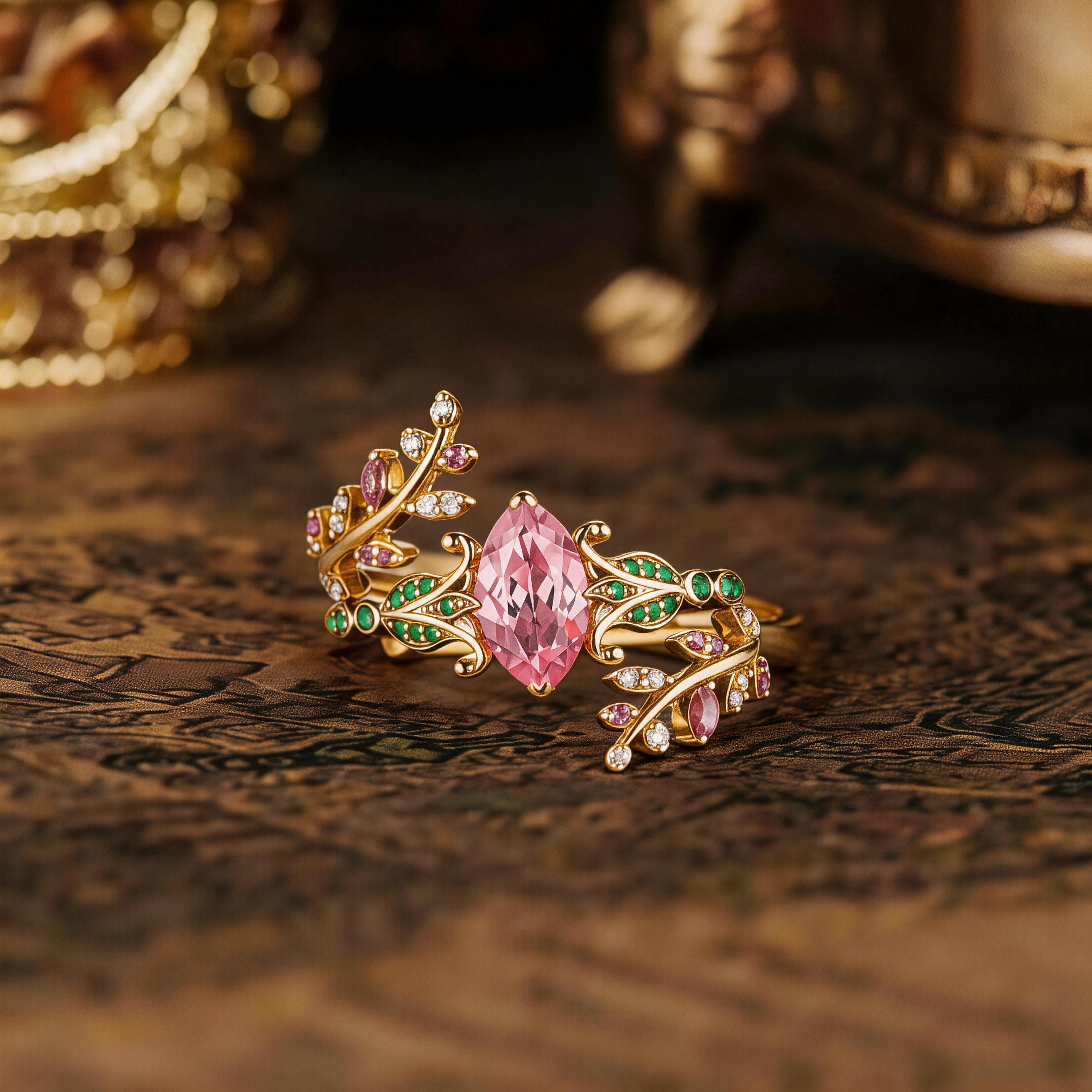 Floral Inspired | Papalacha Sapphire Iris Design Engagement Ring Set