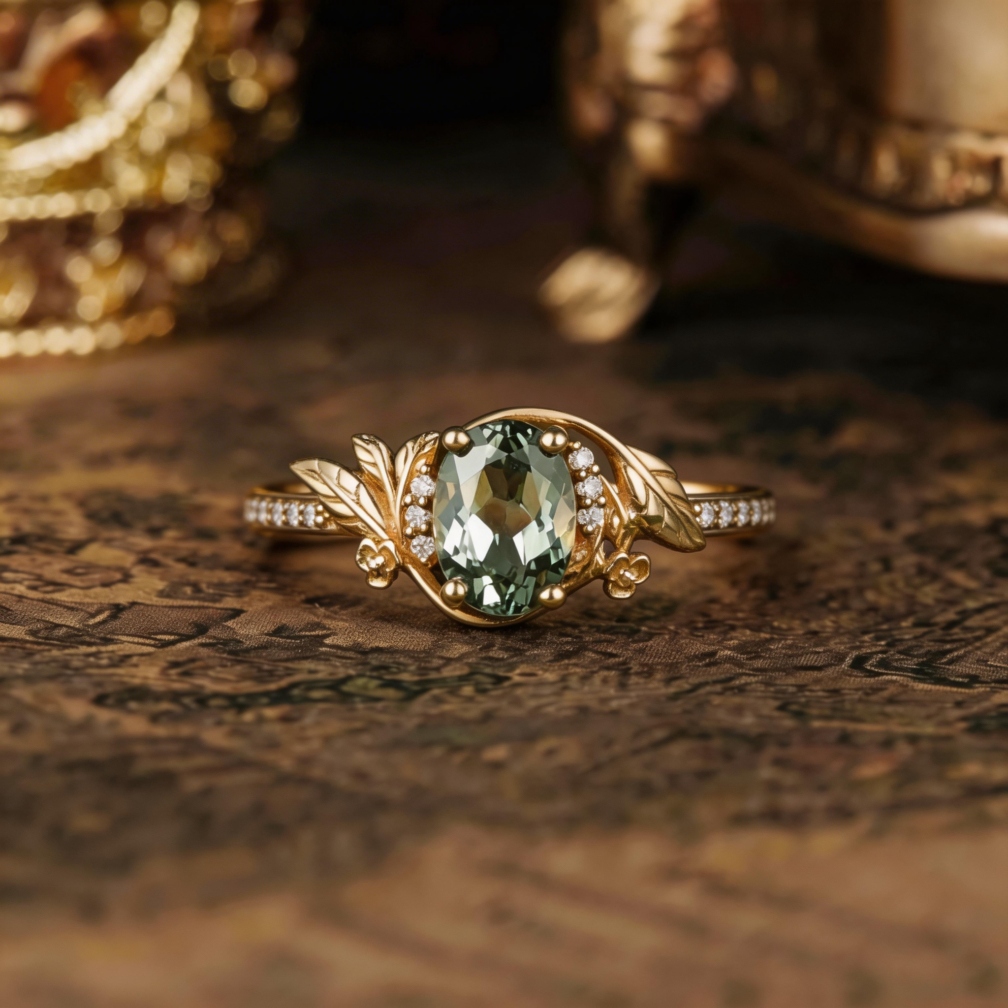 Leaf Inspired | Unique Olive Green Sapphire Flower Engagement Ring