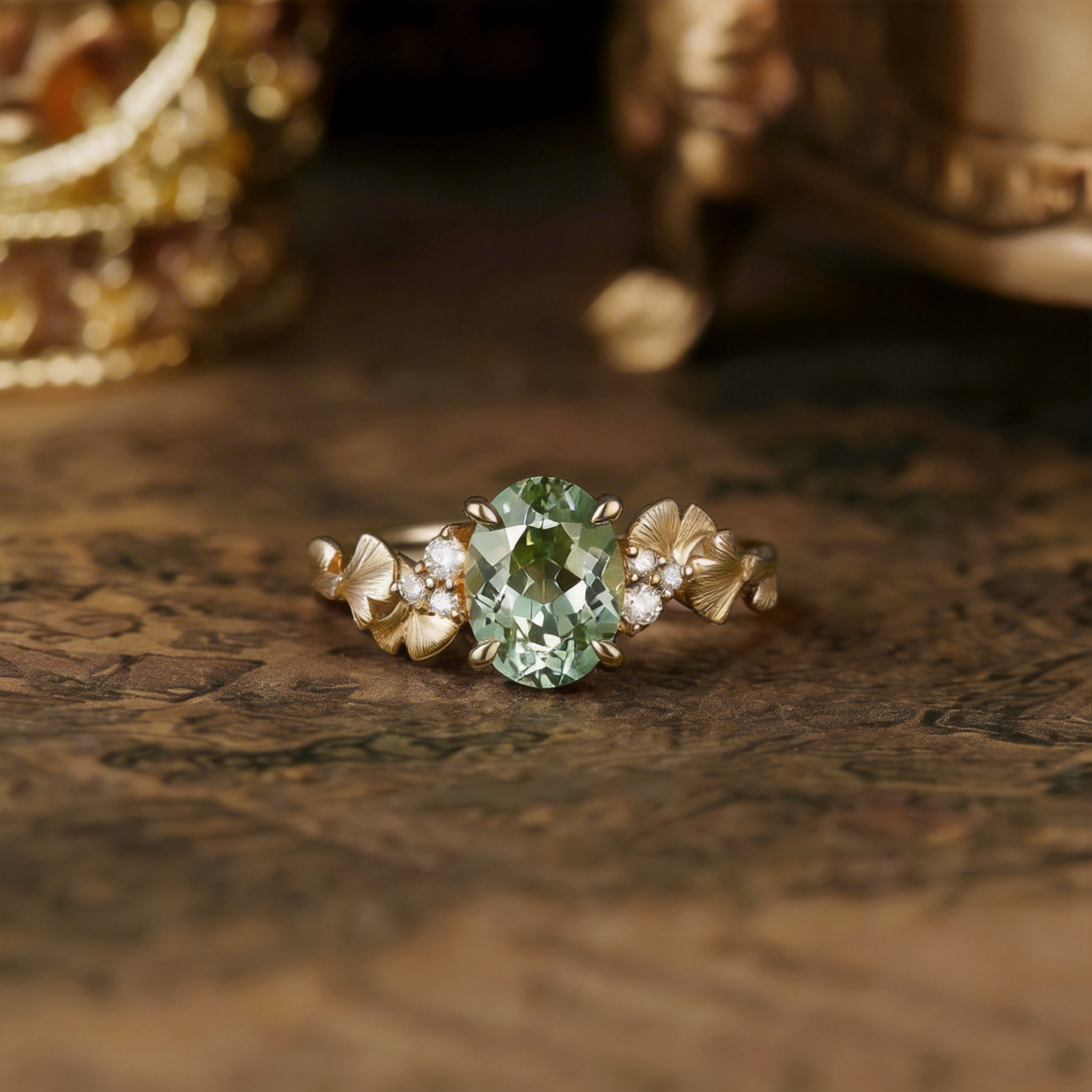 Leaf Inspired | Ginkgo Leaf Design Green Sapphire Engagement Ring