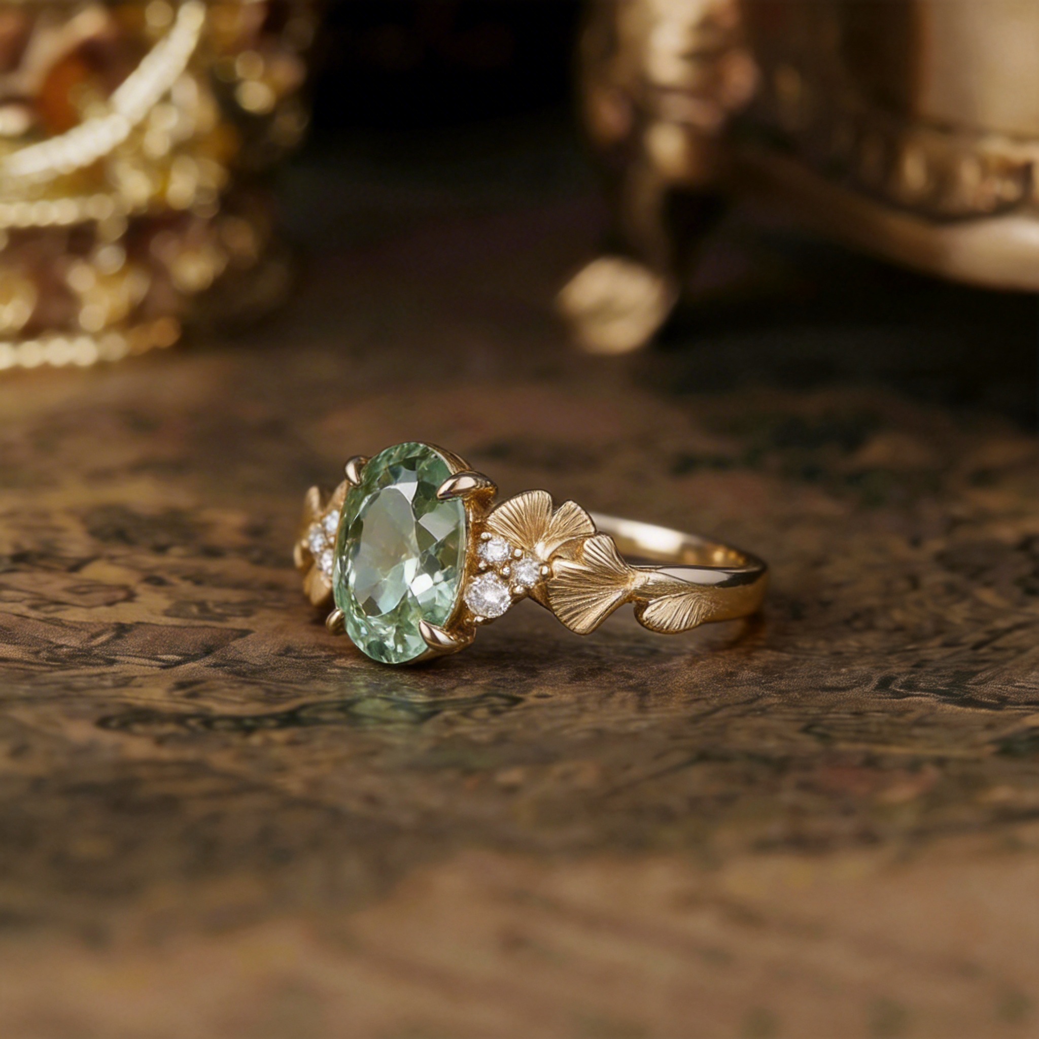 Leaf Inspired | Ginkgo Leaf Design Green Sapphire Engagement Ring