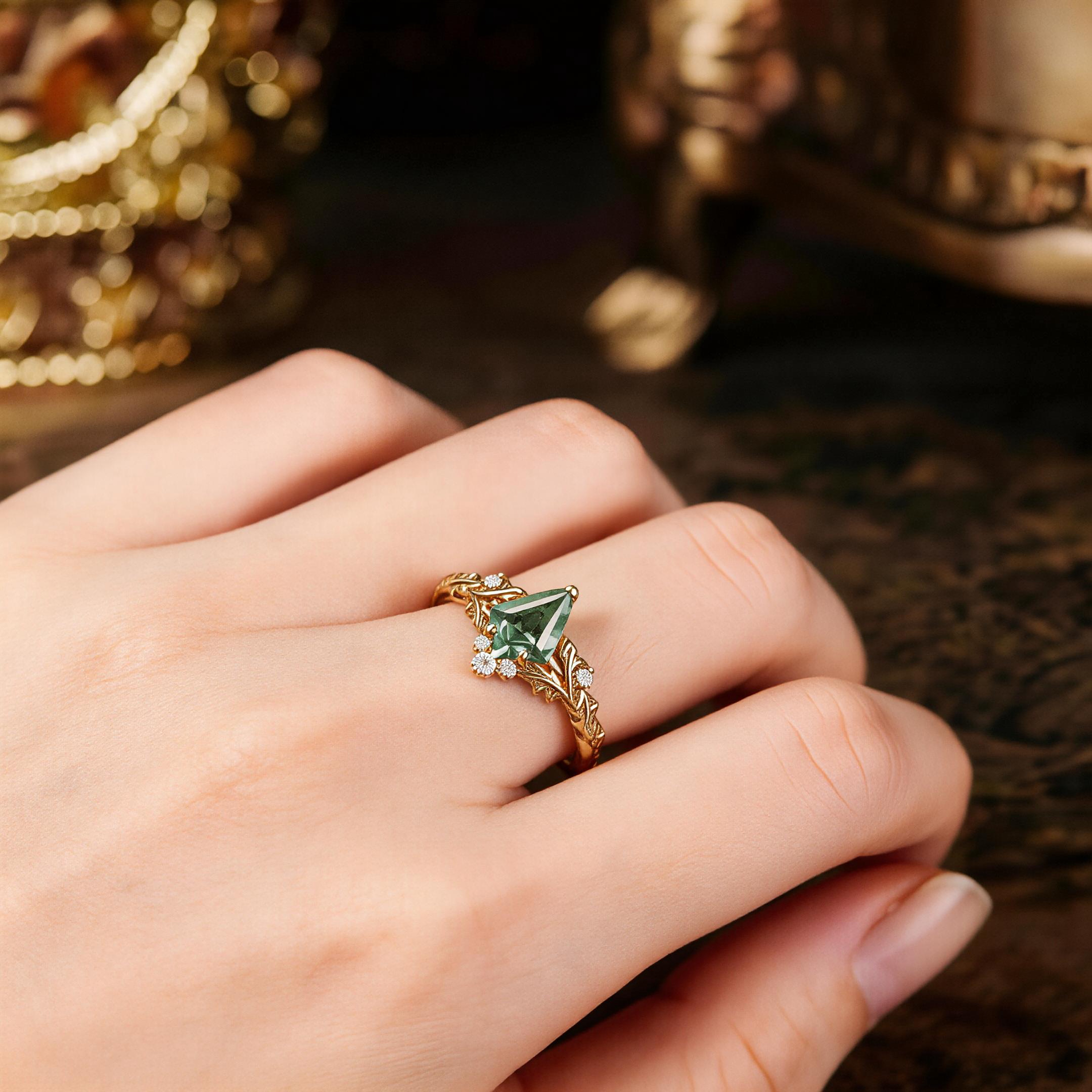 Leaf Inspired | Kite Cut Olive Green Sapphire Engagement Ring