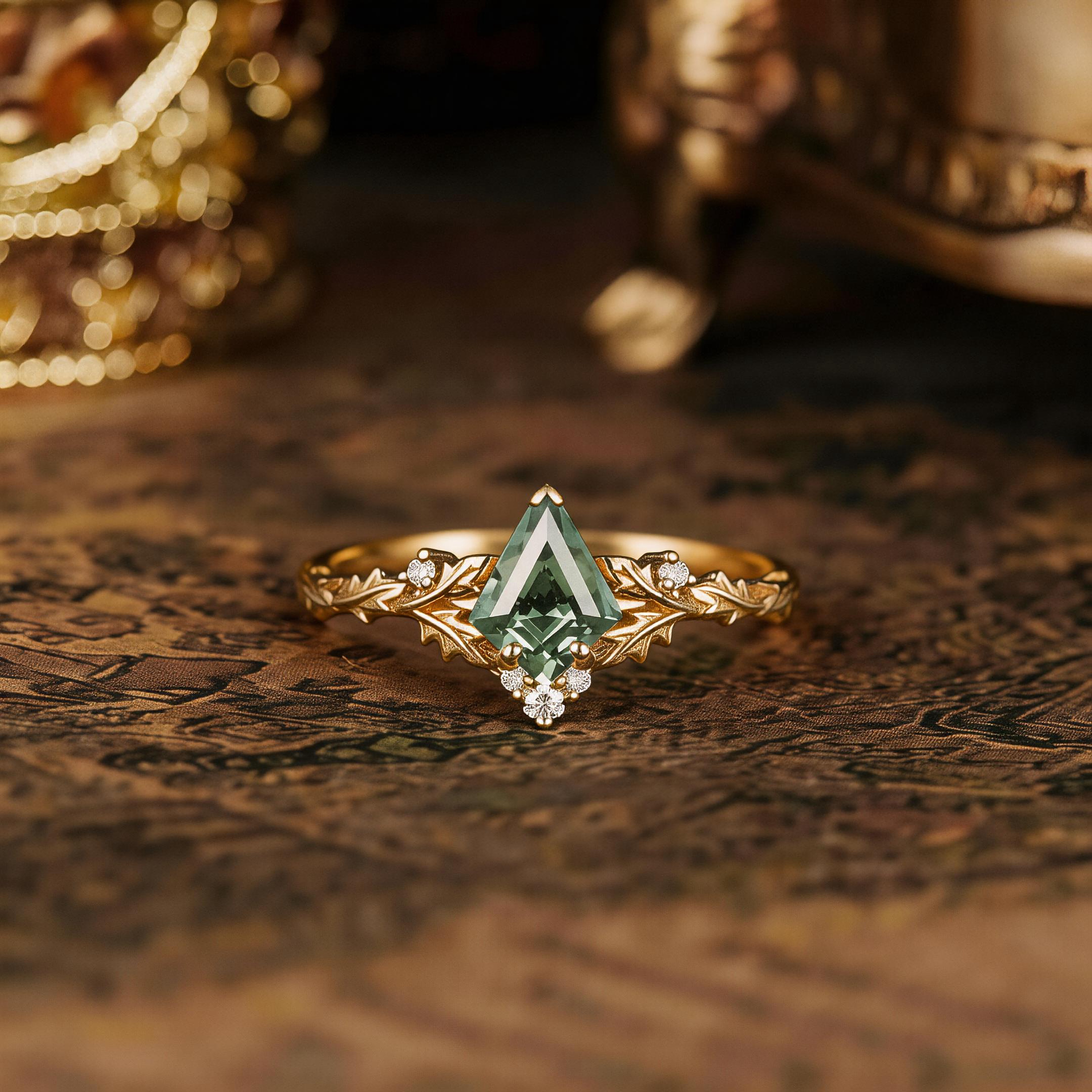 Leaf Inspired | Kite Cut Olive Green Sapphire Engagement Ring