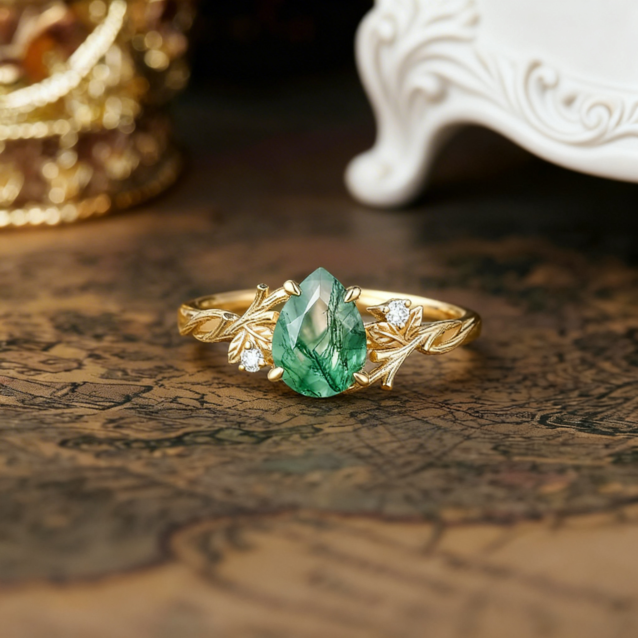 Bark Inspired | Pear Moss Agate Twig Engagement Ring