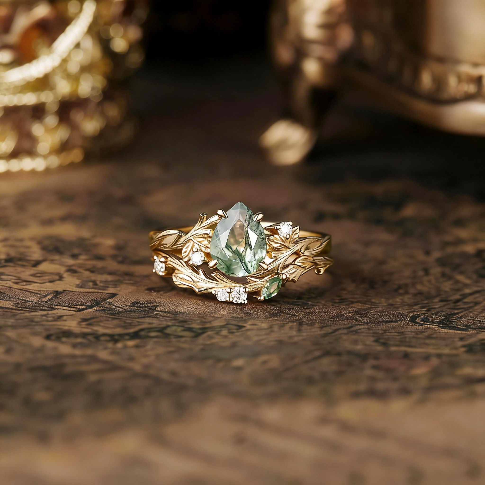 Bark Inspired | Moss Agate Engagement Ring Set Tree Texture