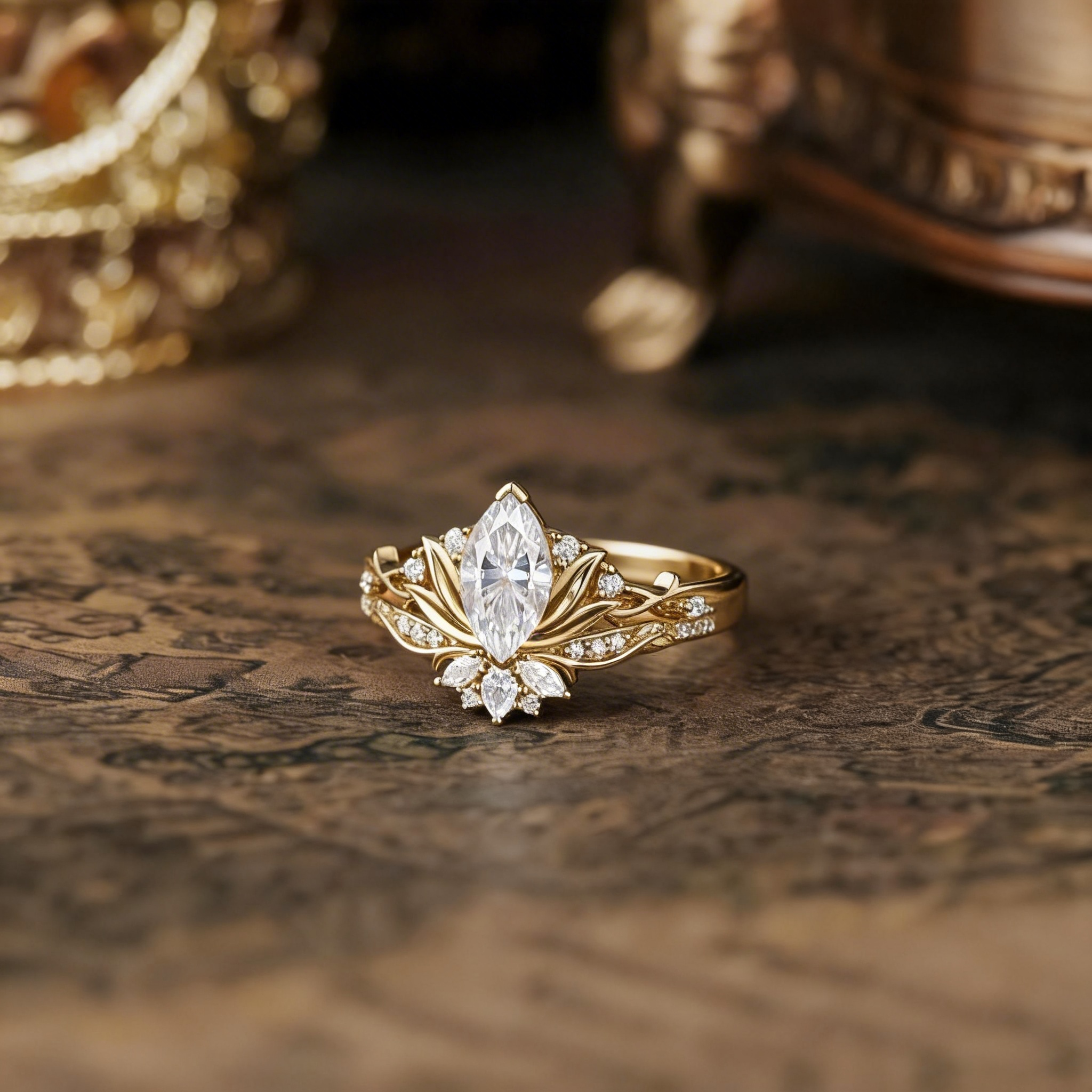 Floral Inspired | Marquise Lotus Engagement Ring Set