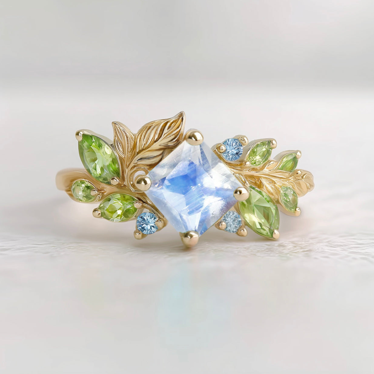 The Moonlight Canvas Engagement Ring – Square Moonstone Set in a Blooming Vine Band